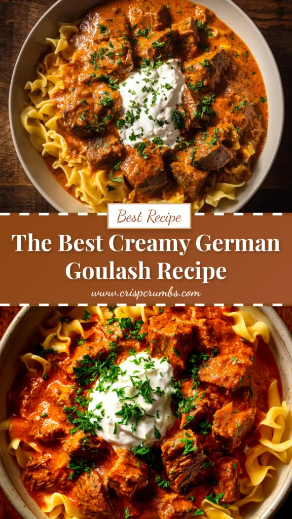 A rich and hearty bowl of authentic German Goulash, featuring tender beef and a dark paprika gravy, served with fresh parsley.
