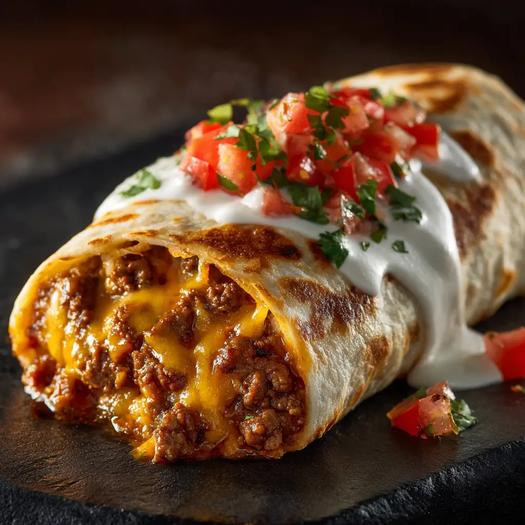 A close-up shot of the cheesy beef burrito filling being layered onto a warm flour tortilla before being rolled.