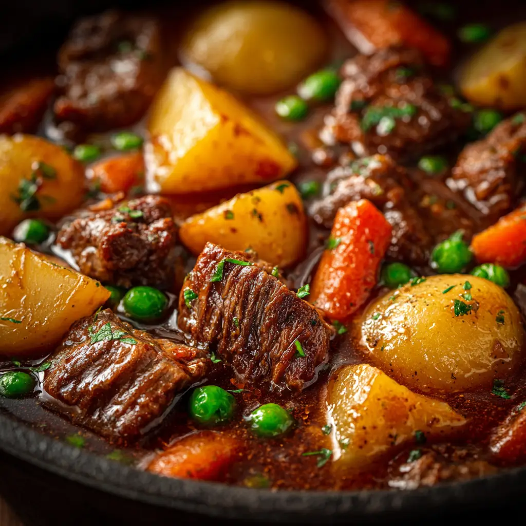 A wooden spoon scooping up a hearty portion of cooked beef stew from the crockpot, highlighting the tender beef and rich texture of the gravy.