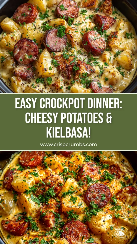 A top-down view of a serving of Crockpot Cheesy Potatoes and Kielbasa in a white bowl, garnished with fresh parsley. The dish looks creamy and comforting.