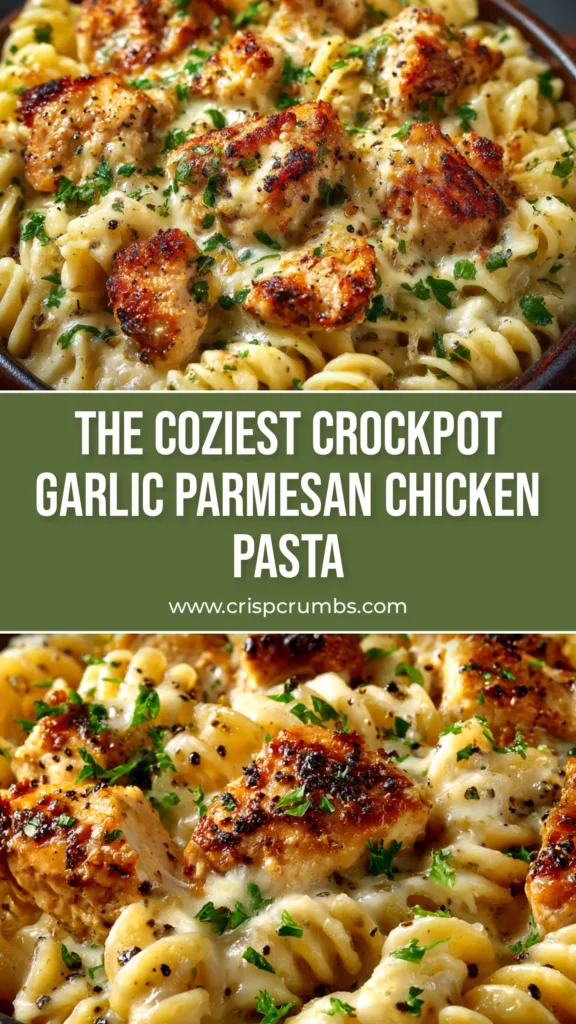 A large white bowl filled with creamy Crockpot Garlic Parmesan Chicken Pasta, garnished with fresh parsley. The title 'Crockpot Garlic Parmesan Chicken Pasta' is overlaid in a stylish font.