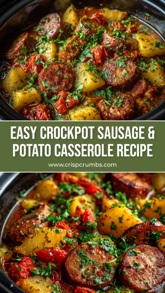 A delicious Crockpot Sausage Casserole served on a white plate, showcasing the cheesy egg and sausage layers. The perfect easy slow cooker meal for breakfast or dinner.
