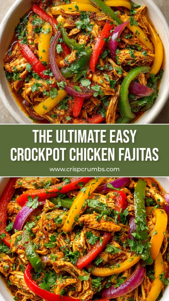 A vibrant platter of easy Crockpot Fajitas, showing tender shredded chicken mixed with colorful bell peppers and onions, ready to be served in tortillas.