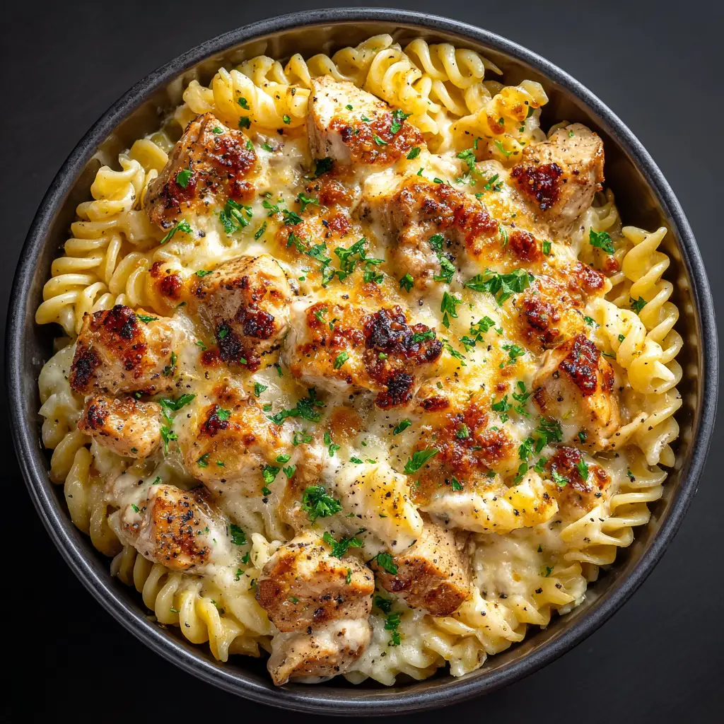 An overhead view of the finished Crockpot Garlic Parmesan Chicken Pasta in a serving dish, ready to be served for a family dinner.