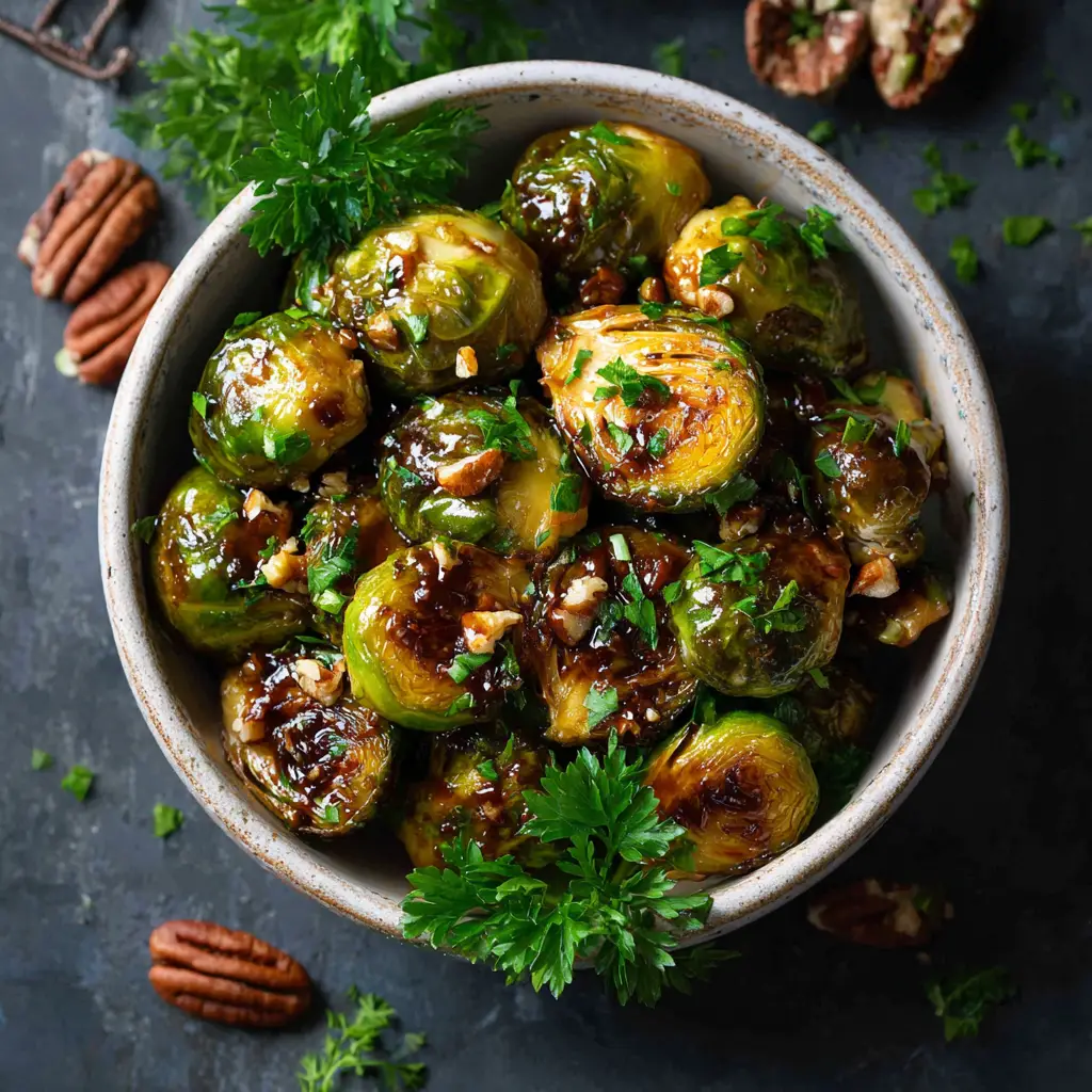 A bowl of finished honey balsamic brussels sprouts being tossed with the shiny glaze.