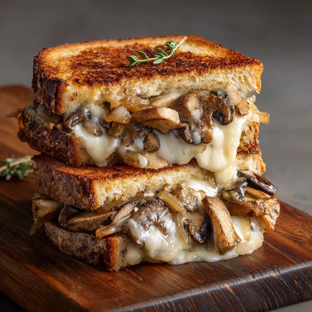 A golden-brown grilled mushroom melt sandwich in a skillet, being pressed down gently with a spatula to ensure an even toast.