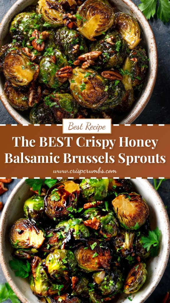 A top-down view of crispy honey balsamic brussels sprouts in a white serving bowl, ready to be eaten.