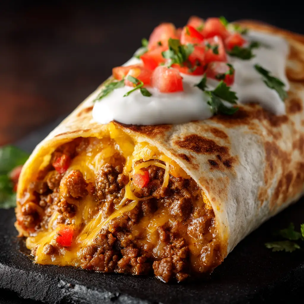 Four fully assembled beefy melt burritos grilling to a perfect golden-brown on a skillet.