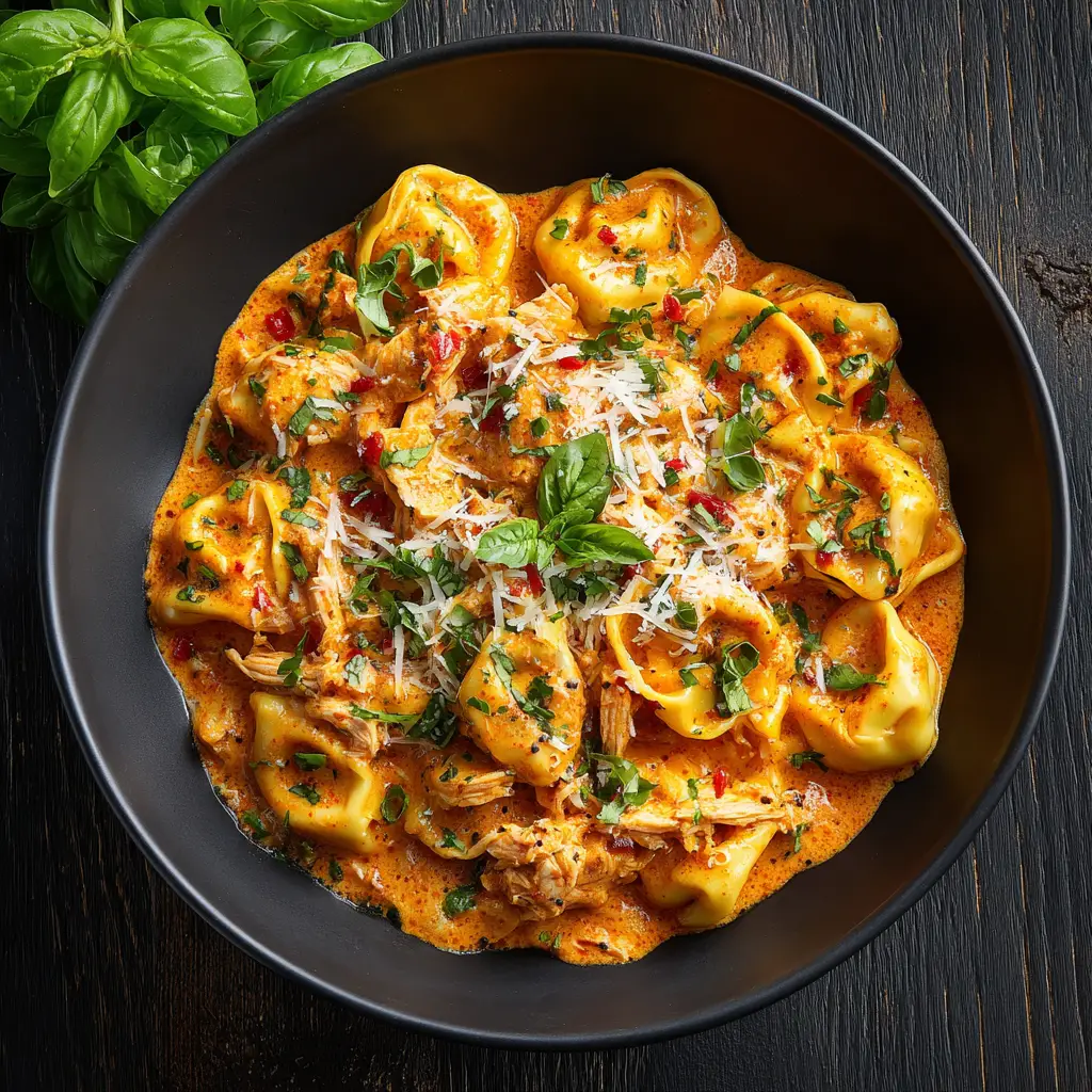 The Crockpot Chicken Tortellini being stirred in the slow cooker after all the ingredients have been added, just before serving.