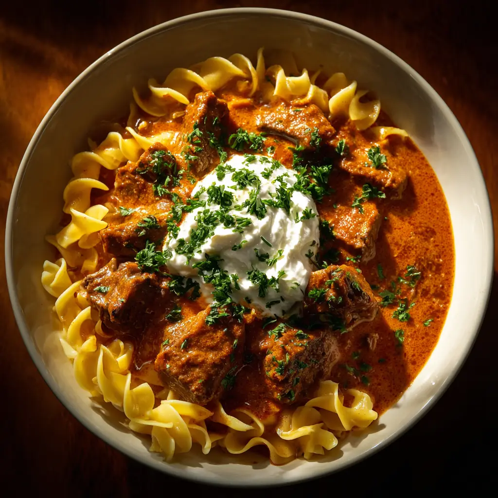 Step-by-step process of making traditional German Goulash, showing seared beef and caramelized onions in a Dutch oven.