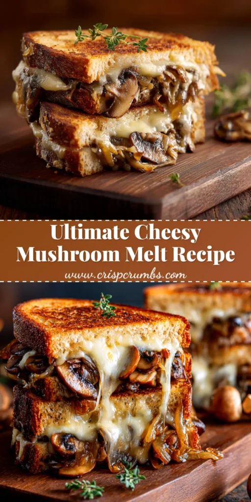 A delicious mushroom melt recipe sandwich cut in half to show the gooey, cheesy filling of sautéed mushrooms and caramelized onions on toasted bread.