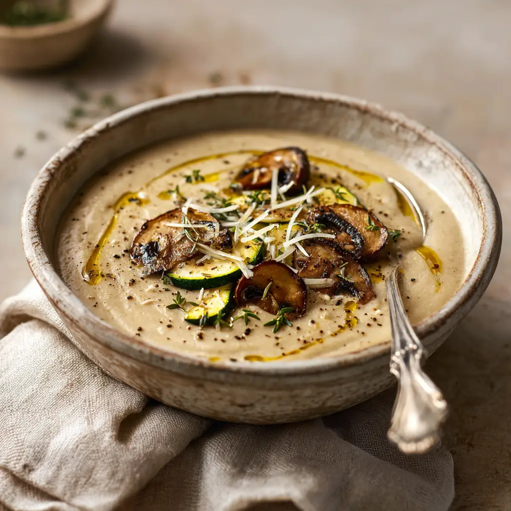Fresh ingredients for Ratatouille Soup laid out, including diced eggplant, zucchini, bell peppers, and tomatoes.