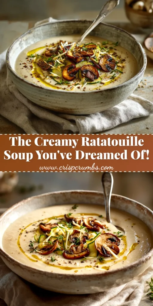 A beautiful bowl of hearty Ratatouille Soup, garnished with fresh basil. The vibrant red and green colors of the healthy vegetable soup are highlighted.