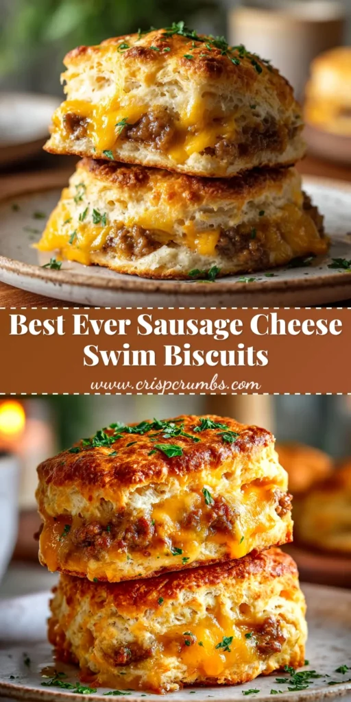 A close-up of golden brown sausage cheese butter swim biscuits in a baking dish, showcasing the fluffy texture and melted cheddar.
