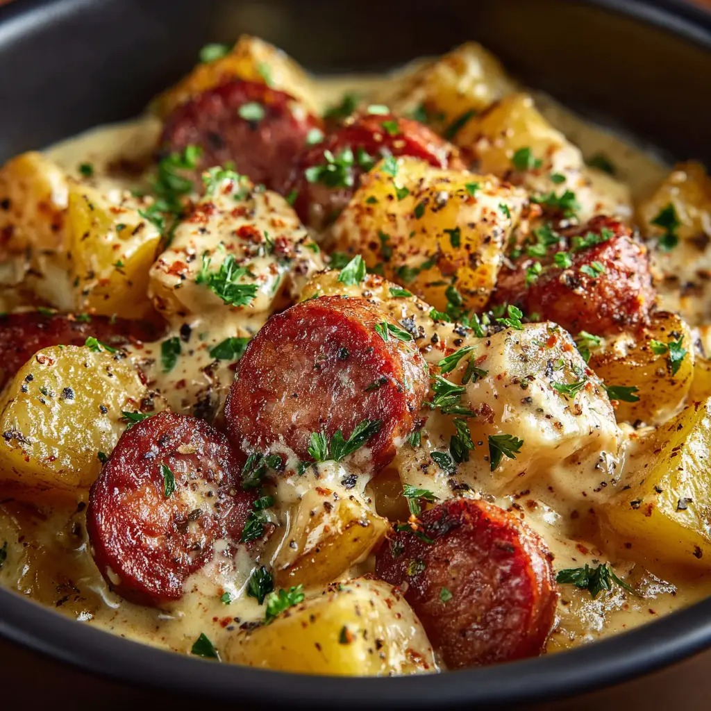 A scoop of cheesy potatoes and kielbasa being lifted from the crockpot with a large spoon, showcasing the melted cheese stretch.