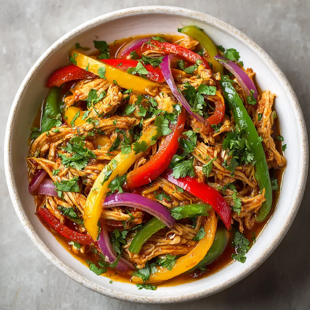 Shredded chicken being mixed with crisp-tender vegetables for the perfect crockpot fajita filling.