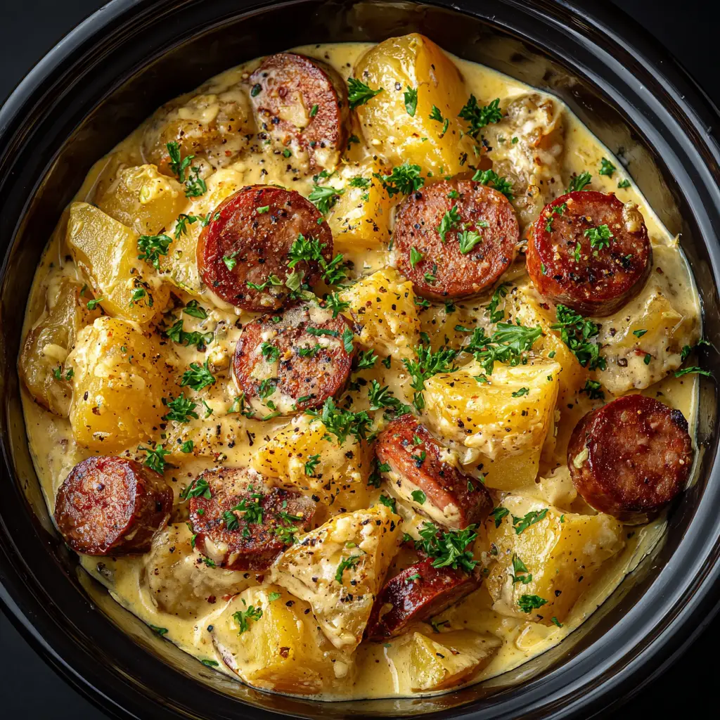 A close-up shot showing the creamy texture of the slow cooker cheesy potatoes and kielbasa in a crockpot.