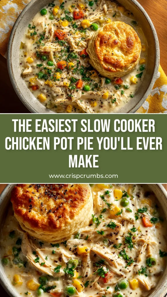 A delicious bowl of slow cooker chicken pot pie topped with a golden biscuit, showcasing the creamy filling and tender vegetables.