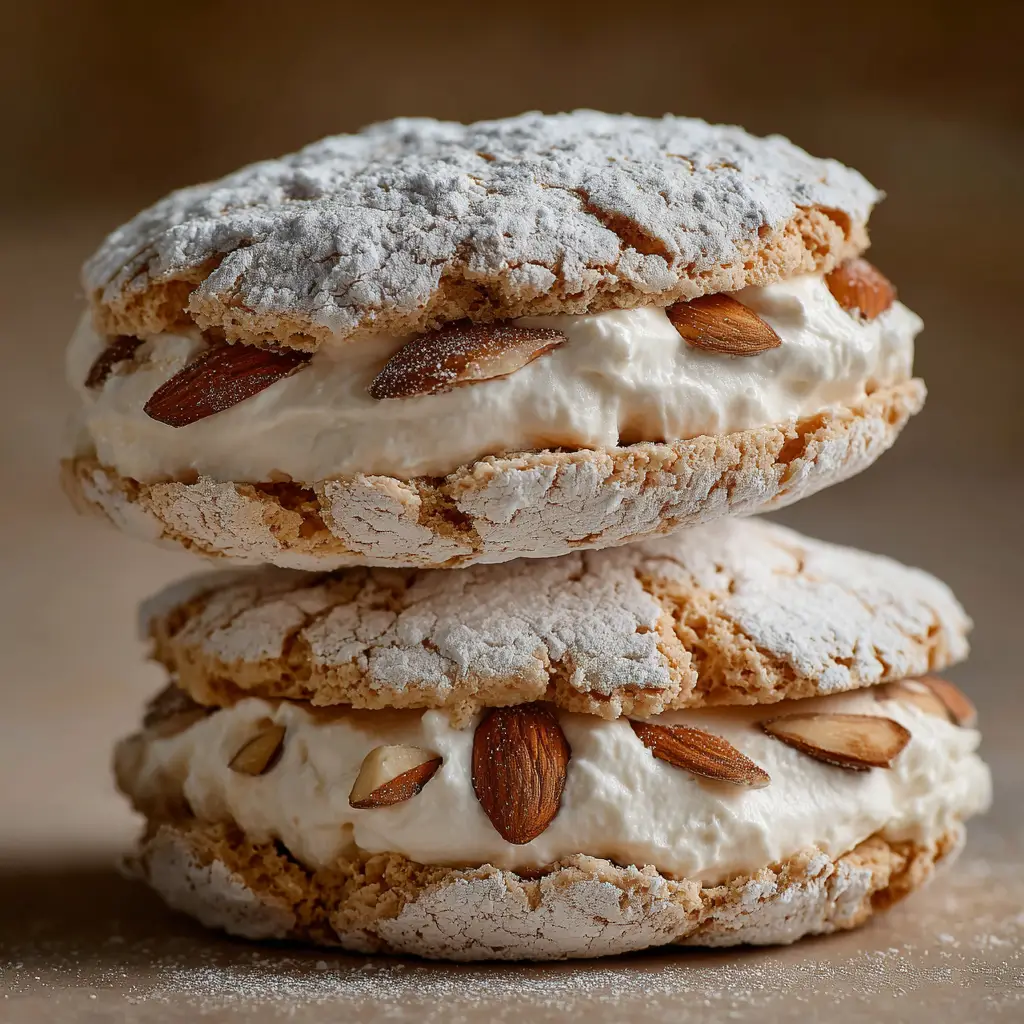 Two crisp, golden-brown almond dacquoise meringue layers cooling on a wire rack before assembly.