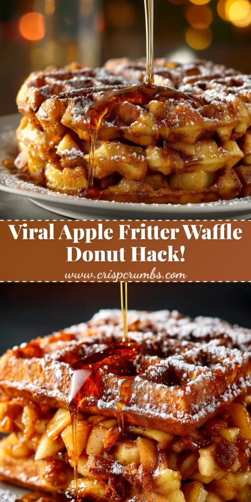 A stack of glazed apple fritter waffle donuts on a plate, with one cut in half to show the apple pieces inside. The perfect easy breakfast recipe.