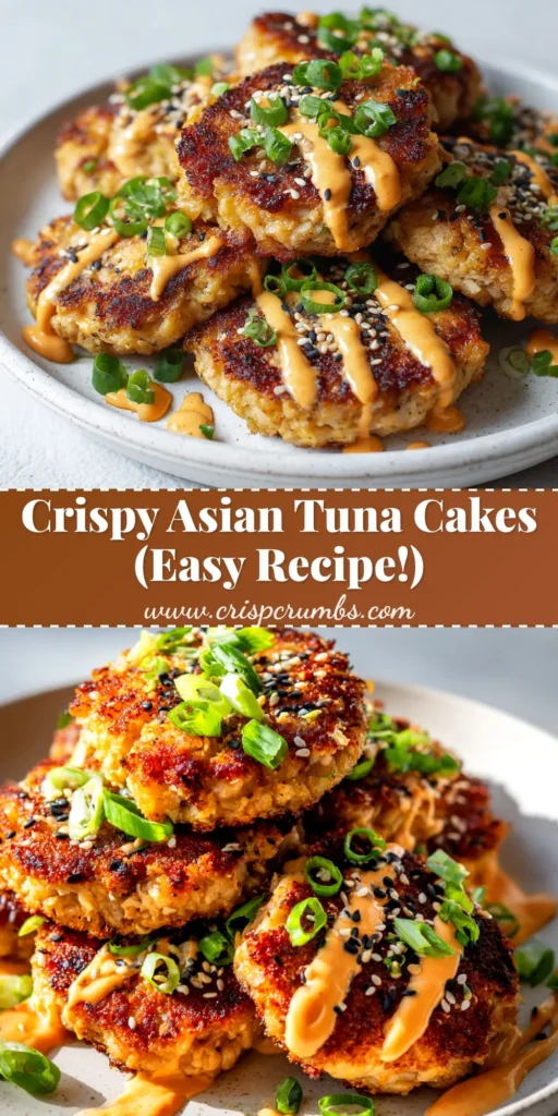 A stack of golden brown Asian tuna cakes served on a white plate with a side of creamy sriracha aioli and a lime wedge. This shows the final Asian Tuna Cakes Recipe.