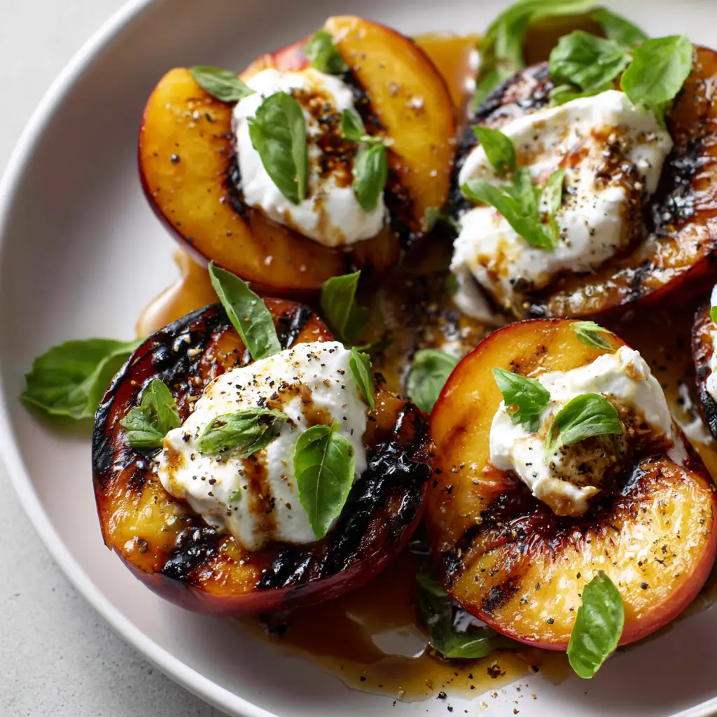 Assembling the Grilled Nectarines with Burrata, showing the warm fruit on a plate with creamy burrata being added.