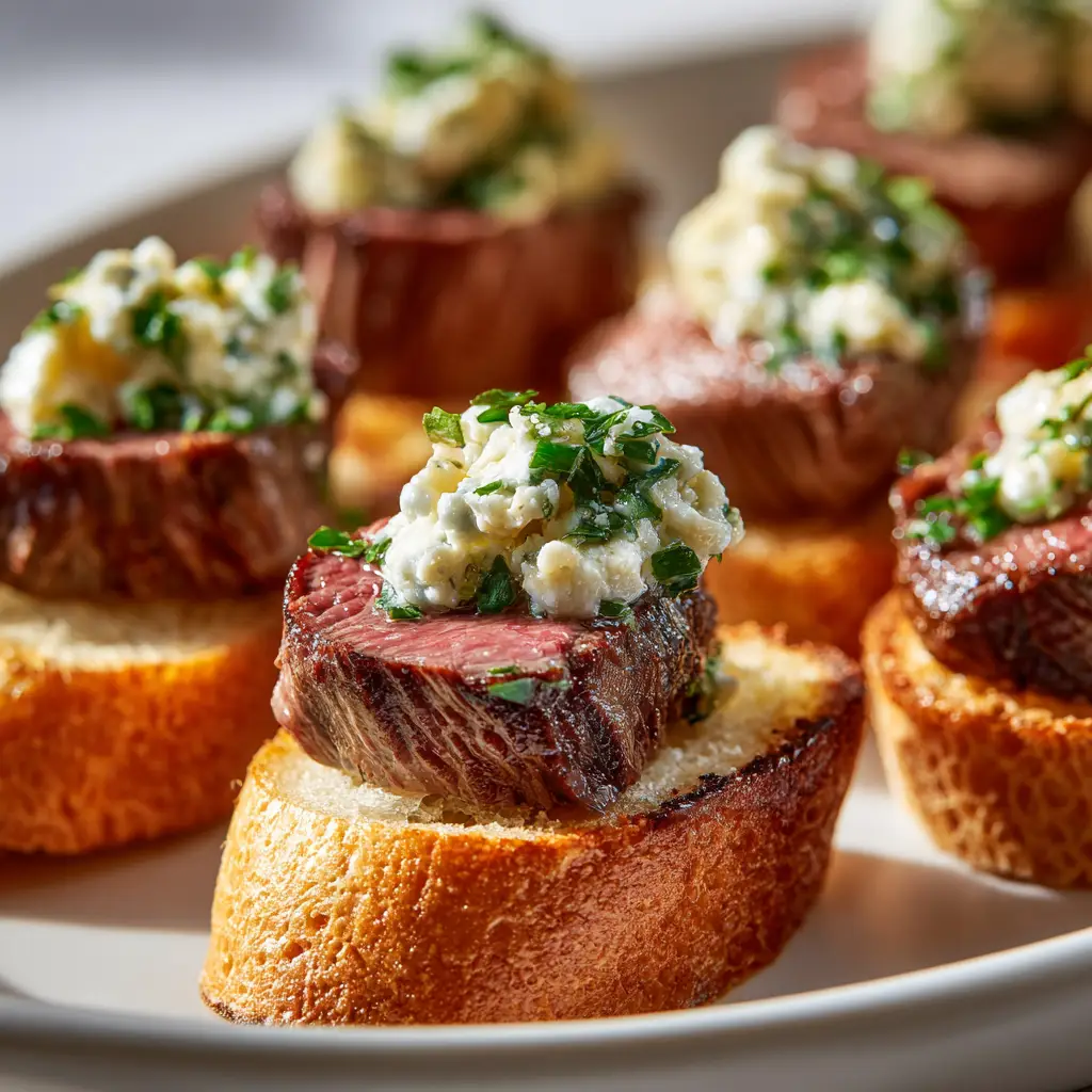 Assembled beef tenderloin crostini with a dollop of horseradish sauce and a sprinkle of fresh chives on a wooden board.