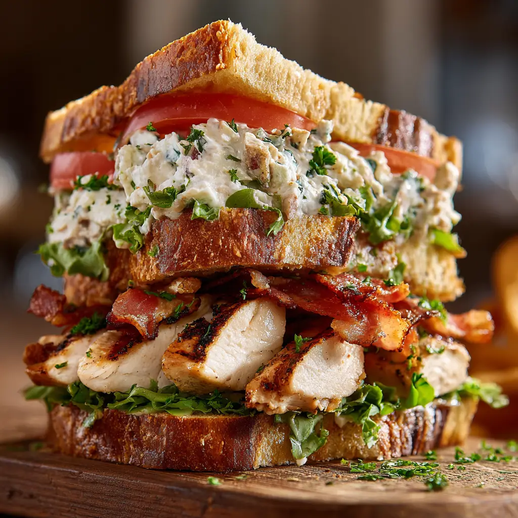 The final assembled loaded chicken club sandwich before being sliced, showing the perfectly toasted sourdough bread and layers.