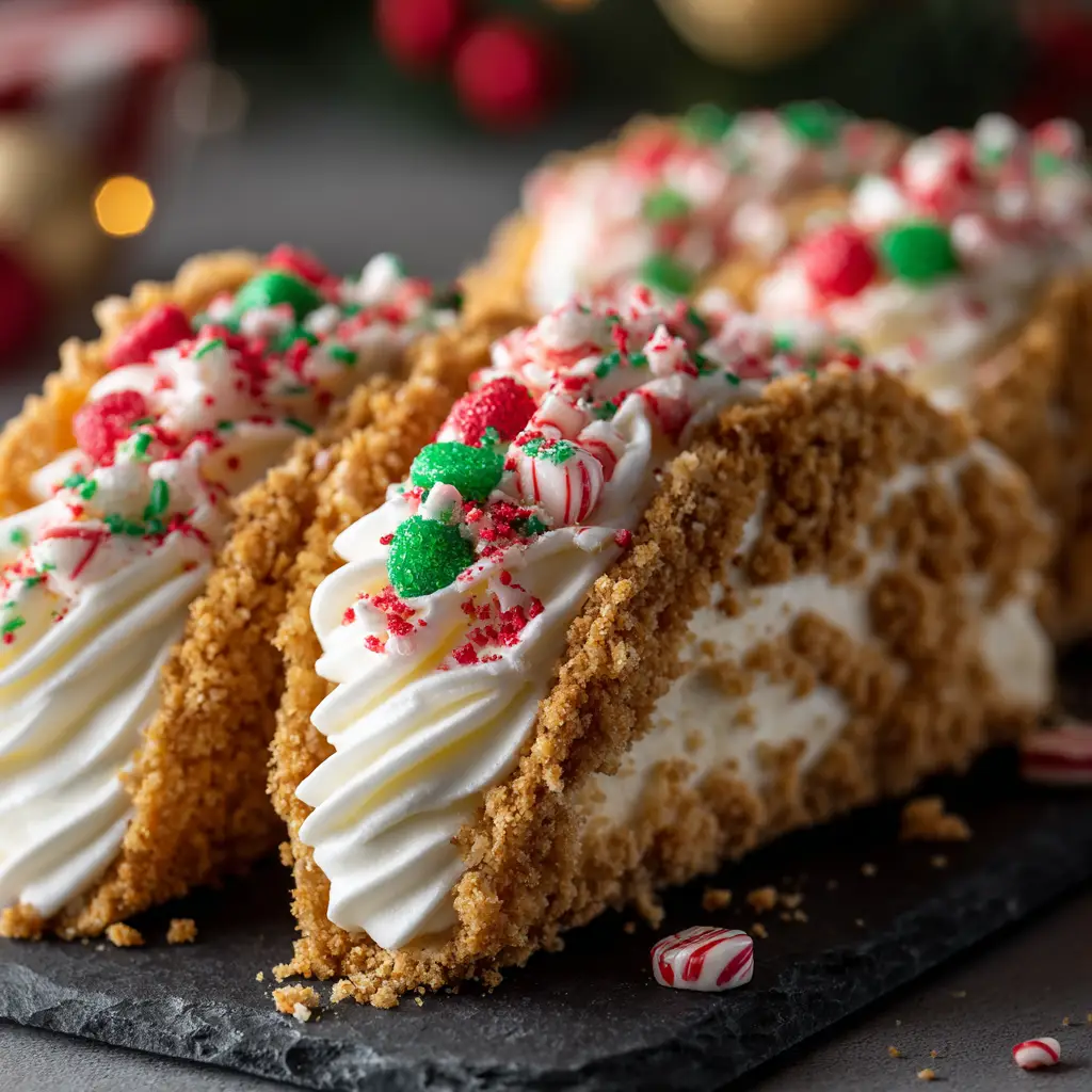 A detailed view of the creamy no-bake cheesecake filling being piped into a crispy cinnamon-sugar taco shell.