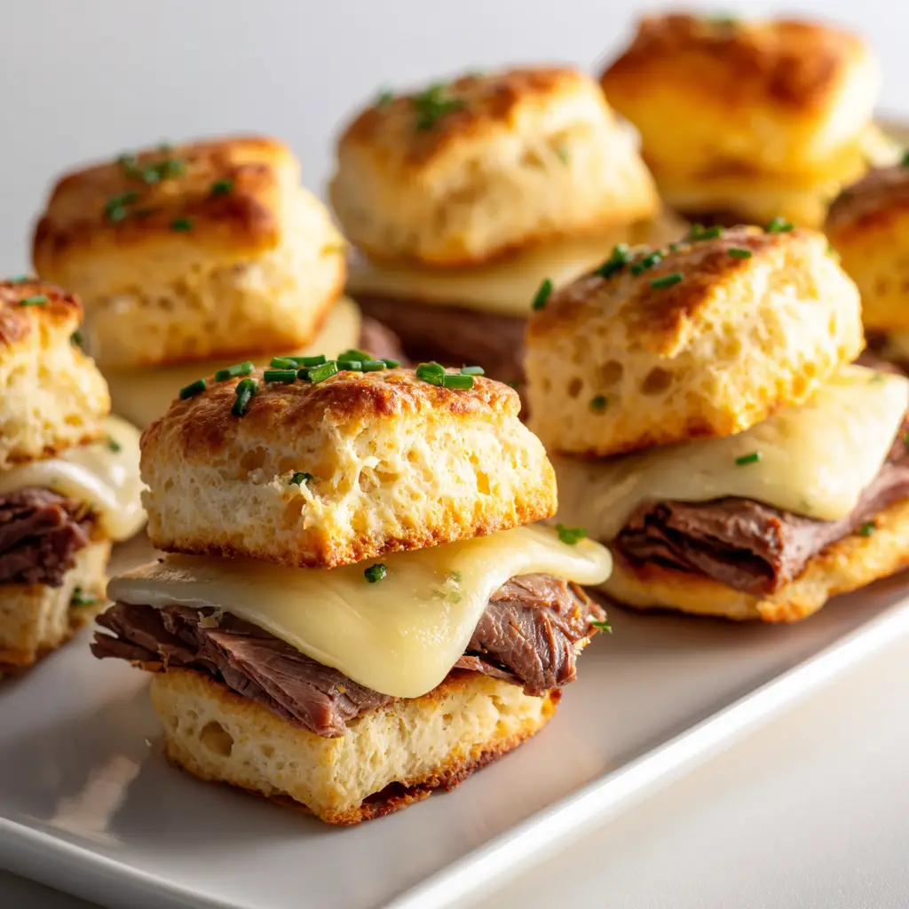 The process of assembling French dip biscuit sliders before baking, showing the roast beef and provolone cheese piled onto flattened biscuit dough.
