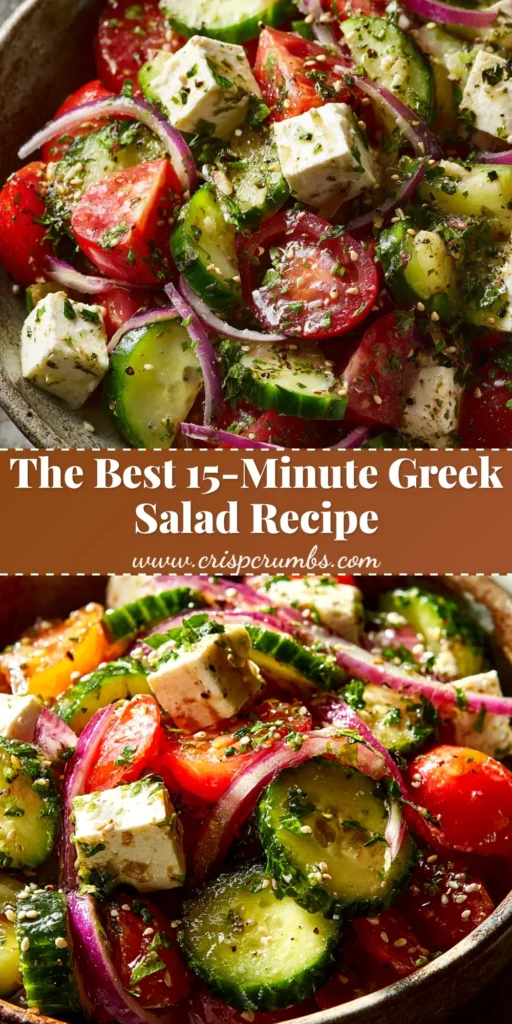 An overhead shot of a fresh and authentic Greek Salad Recipe in a white bowl, ready to be shared on Pinterest.