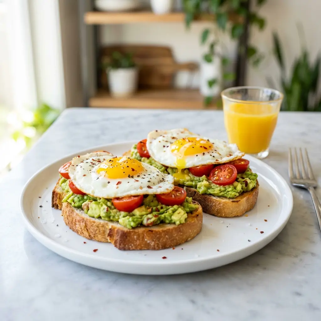 A close up shot of two slices of avocado toast with a perfectly fried egg and sliced cherry tomatoes on a white plate.