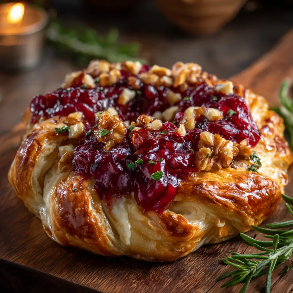 A close-up shot of the golden-baked brie holiday appetizer, with melted cheese and cranberry peeking through the flaky pastry crust.