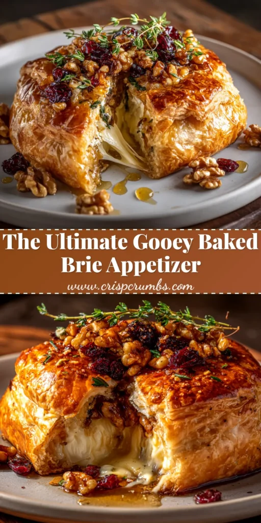 A perfectly golden Baked Brie in Puff Pastry, cut open to show the gooey, melted cheese inside, served with crackers and fresh fruit. A perfect appetizer recipe.