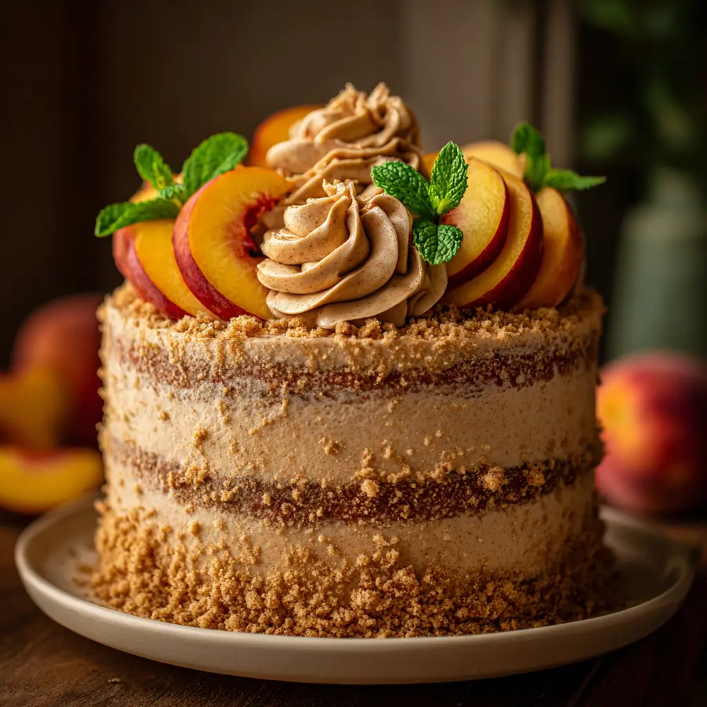 The finished Brown Sugar Peach Cake, golden brown and fresh out of the oven in its round cake pan, with the streusel topping visible.