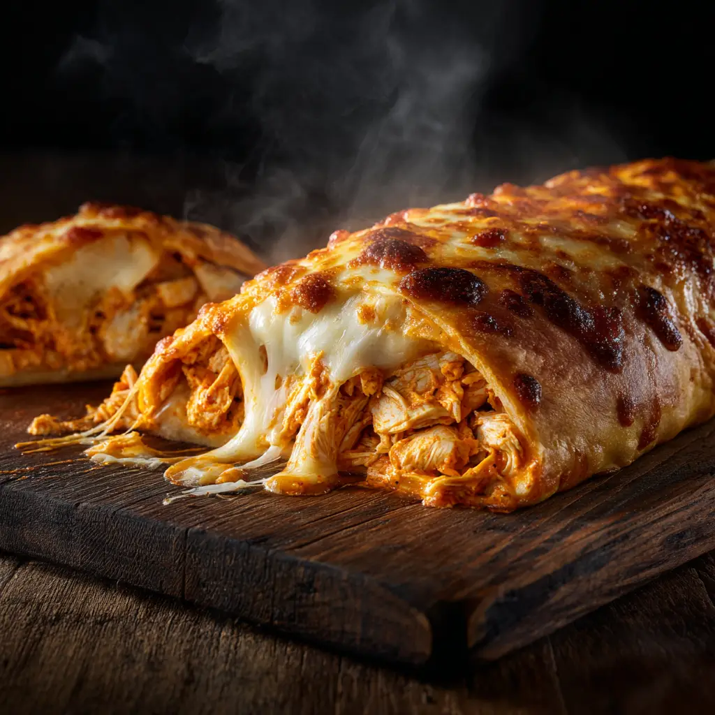 A golden-brown loaf of baked buffalo chicken stuffed bread, fresh out of the oven with melted cheese bubbling on top.