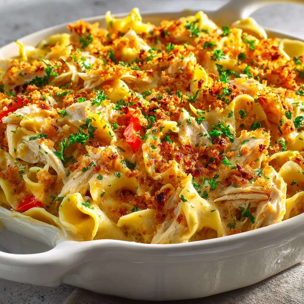 A close-up shot of the golden-brown, bubbly Chicken Cheddar Noodle Bake fresh out of the oven.