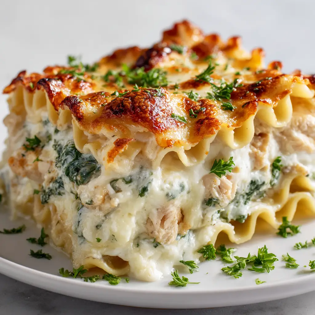 A freshly baked chicken lasagna in a casserole dish, topped with golden-brown bubbly mozzarella cheese and a sprinkle of parsley.
