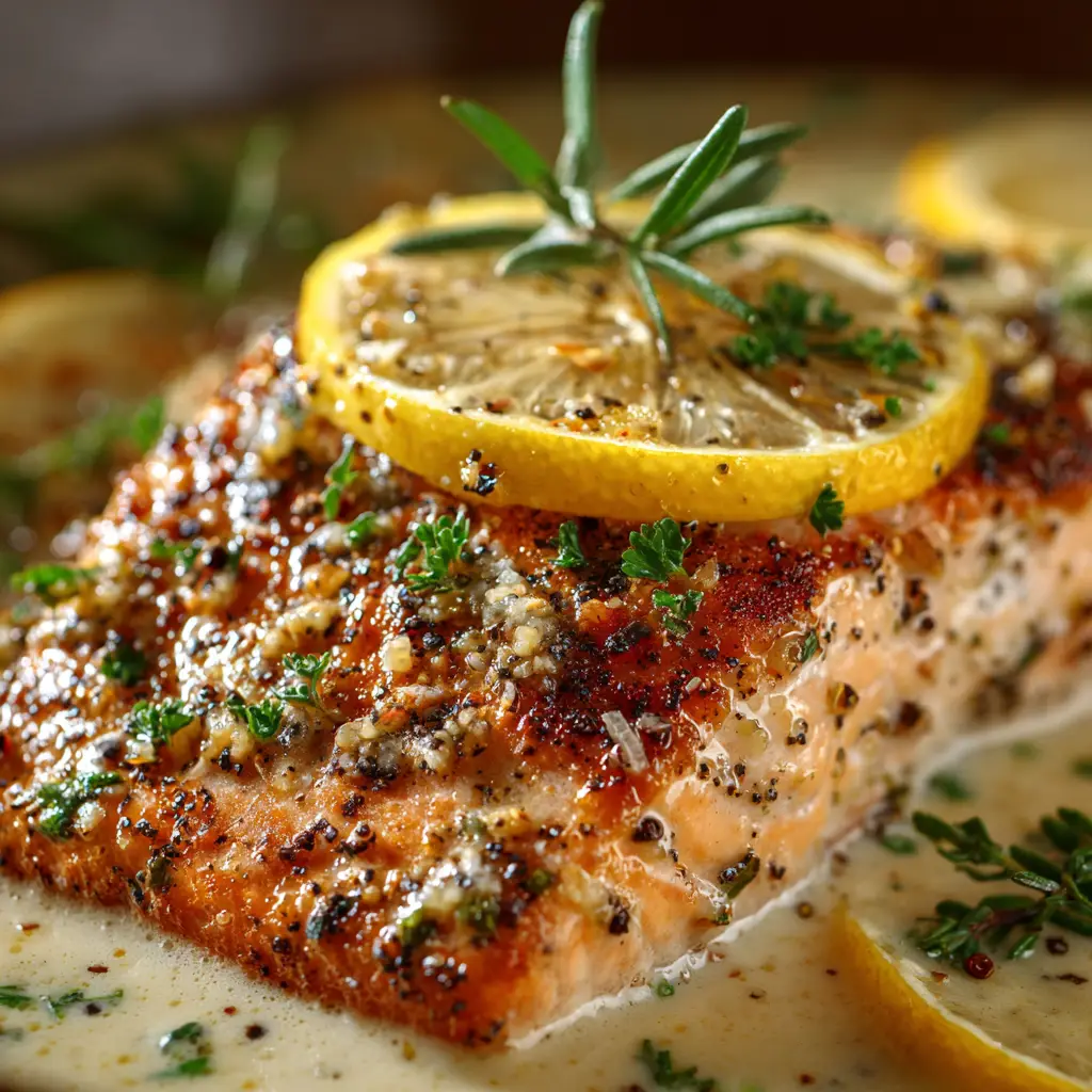 Four baked dijon salmon fillets arranged on a parchment-lined baking sheet, ready to be served. The mustard glaze is perfectly caramelized.
