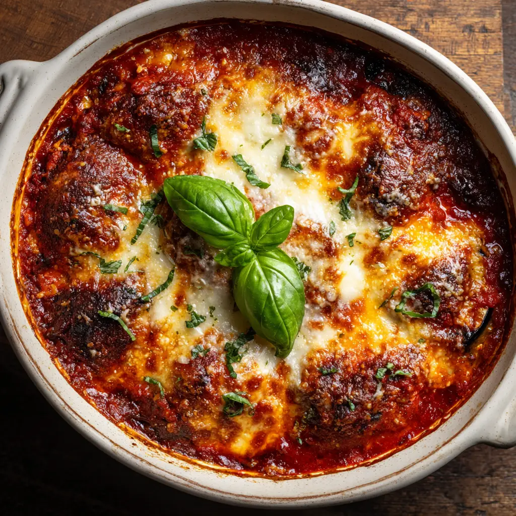 The fully baked Ricotta Eggplant Casserole fresh out of the oven, with a bubbly, golden-brown mozzarella and parmesan cheese crust.