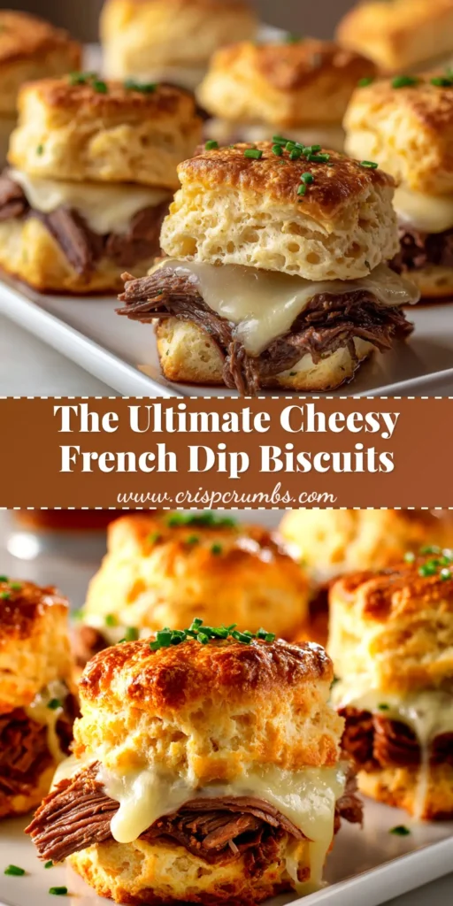 A platter of golden-brown Baked French Dip Biscuits, with one biscuit cut open to show the cheesy roast beef filling, served with a side of au jus for dipping.