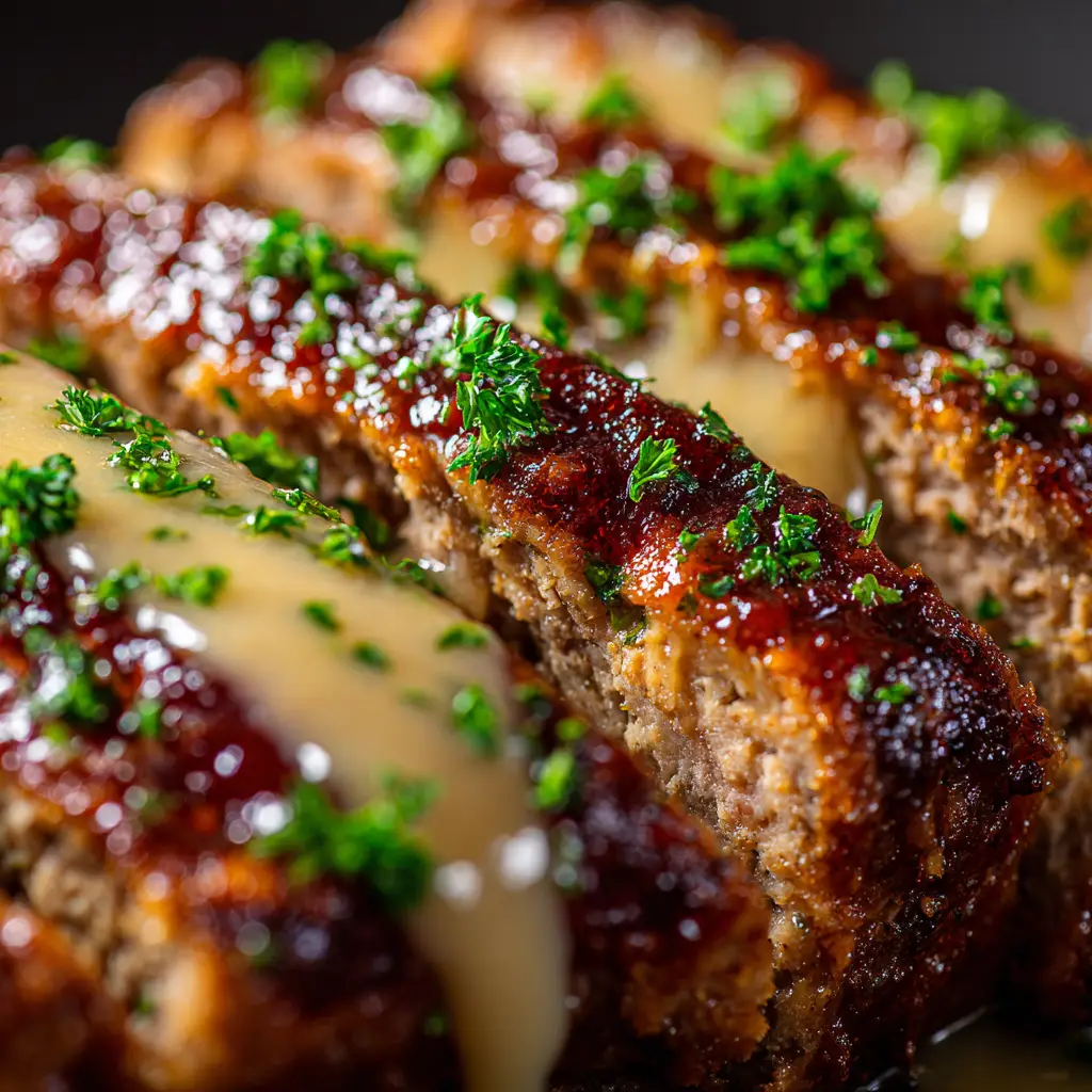 The finished garlic parmesan chicken meatloaf loaf, freshly baked and glazed, ready to be served for a family dinner.
