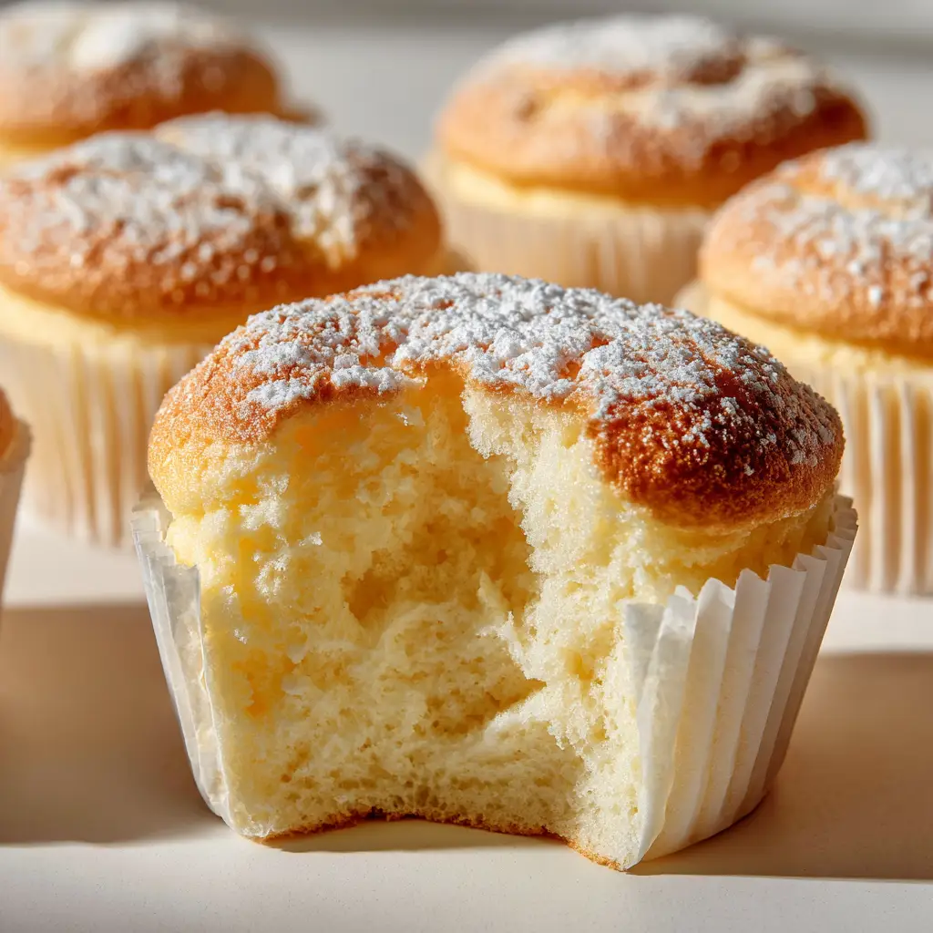 A batch of freshly baked Japanese cotton cheesecake cupcakes cooling on a wire rack, showing their uniform shape and perfect, crack-free tops.