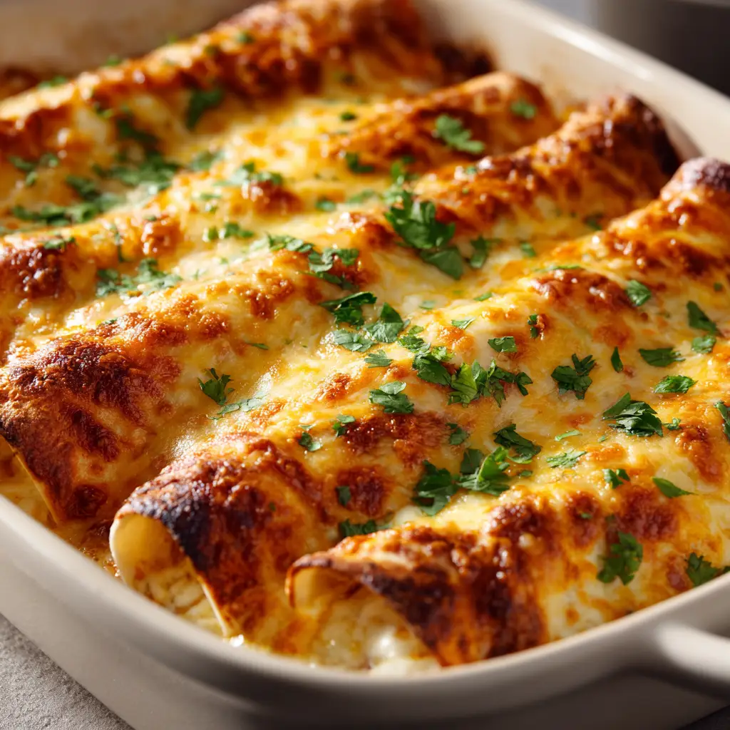 A baking dish full of baked queso chicken enchiladas, showing the golden-brown melted cheese topping and bubbly sauce.