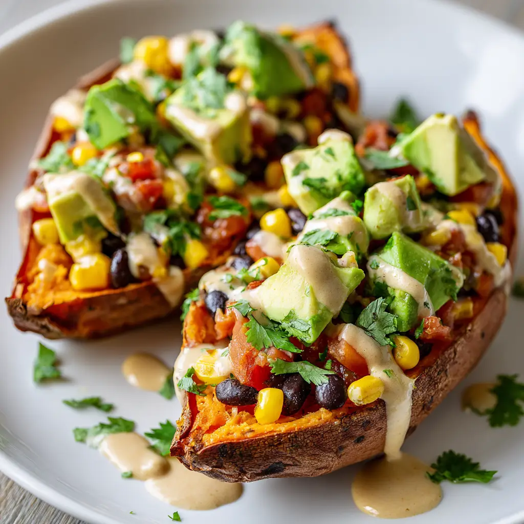 Two perfectly baked sweet potatoes, sliced open to reveal their fluffy orange flesh, ready to be stuffed with a delicious filling.