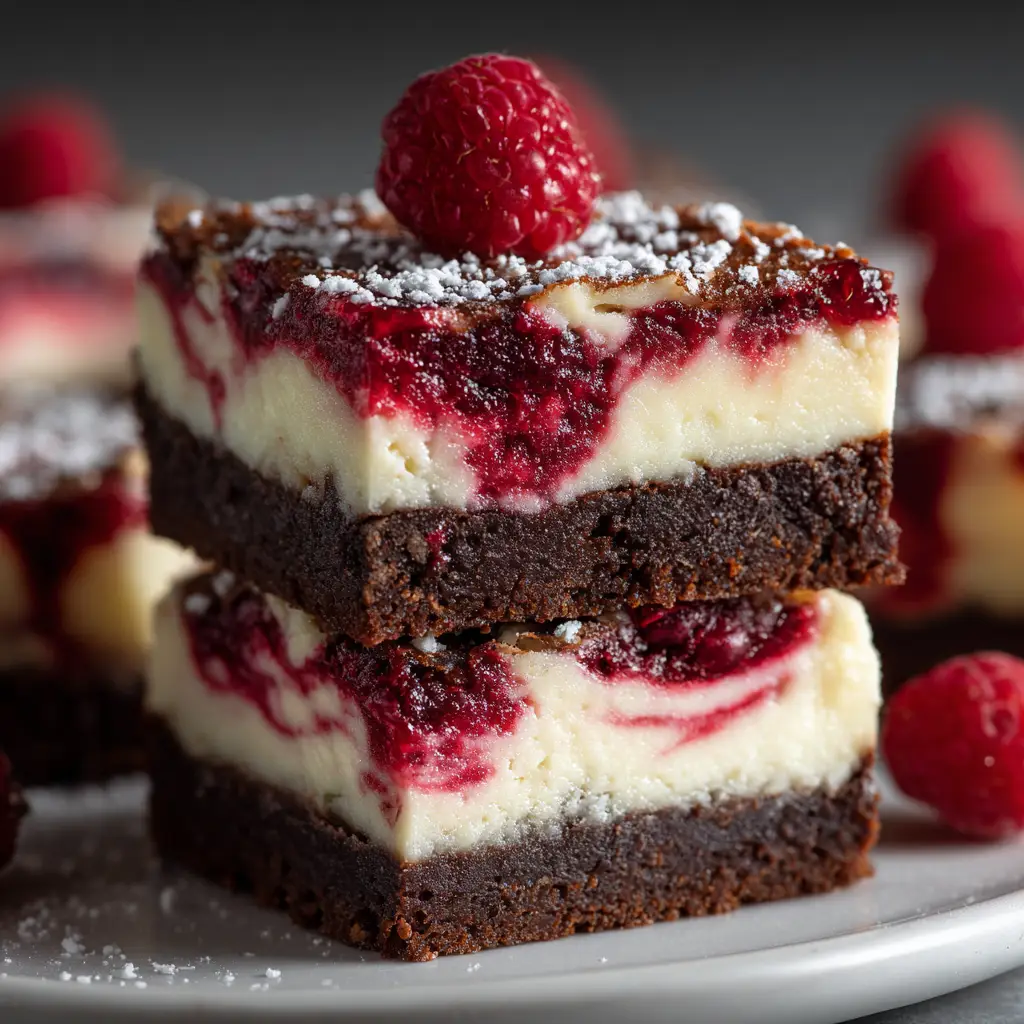 An overhead view of the full pan of baked white chocolate raspberry cheesecake bars, displaying the beautiful, intricate raspberry swirl design.