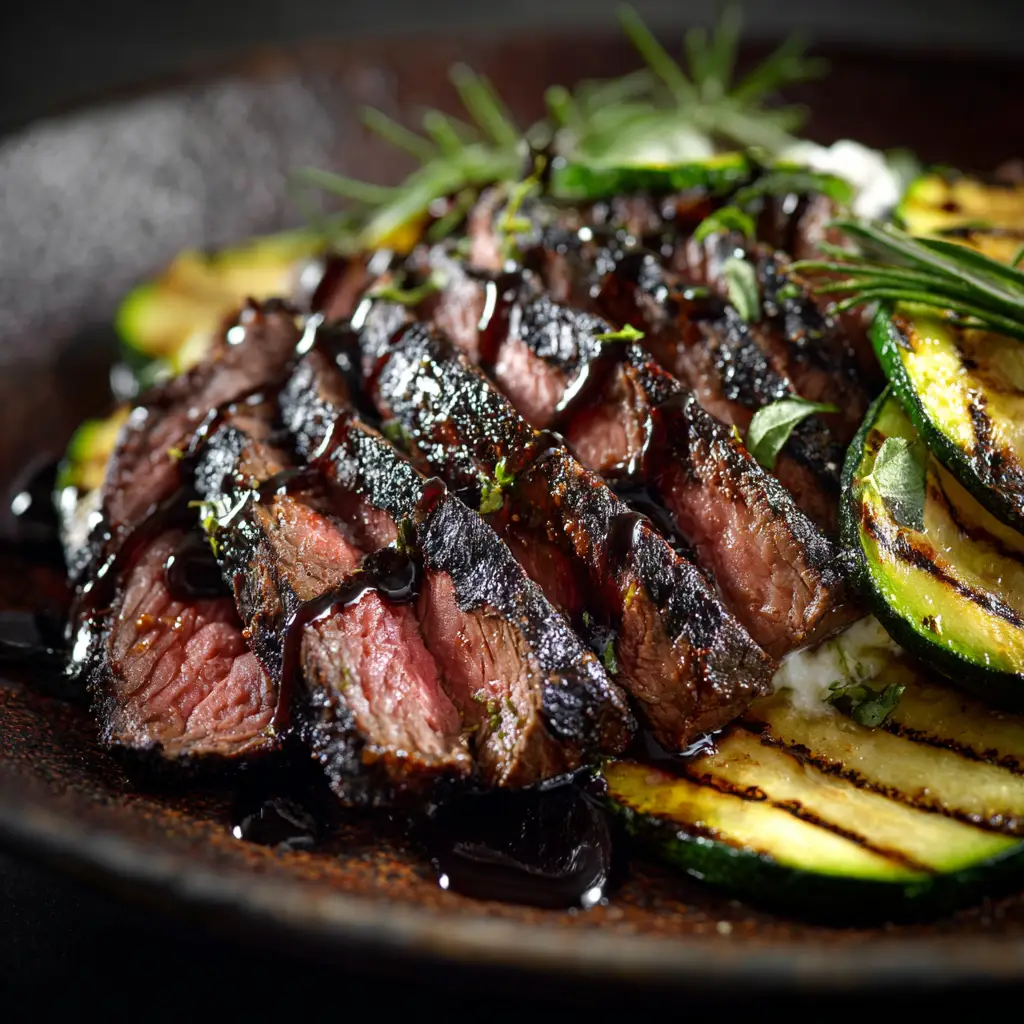 A flank steak marinating in a dark balsamic mixture in a glass dish, showing the simple preparation process.