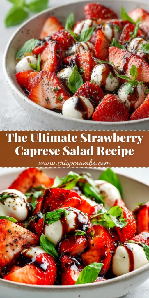 A vibrant Balsamic Strawberry Caprese Salad arranged on a white platter, drizzled with a rich balsamic glaze and garnished with fresh basil leaves. Perfect summer appetizer idea.