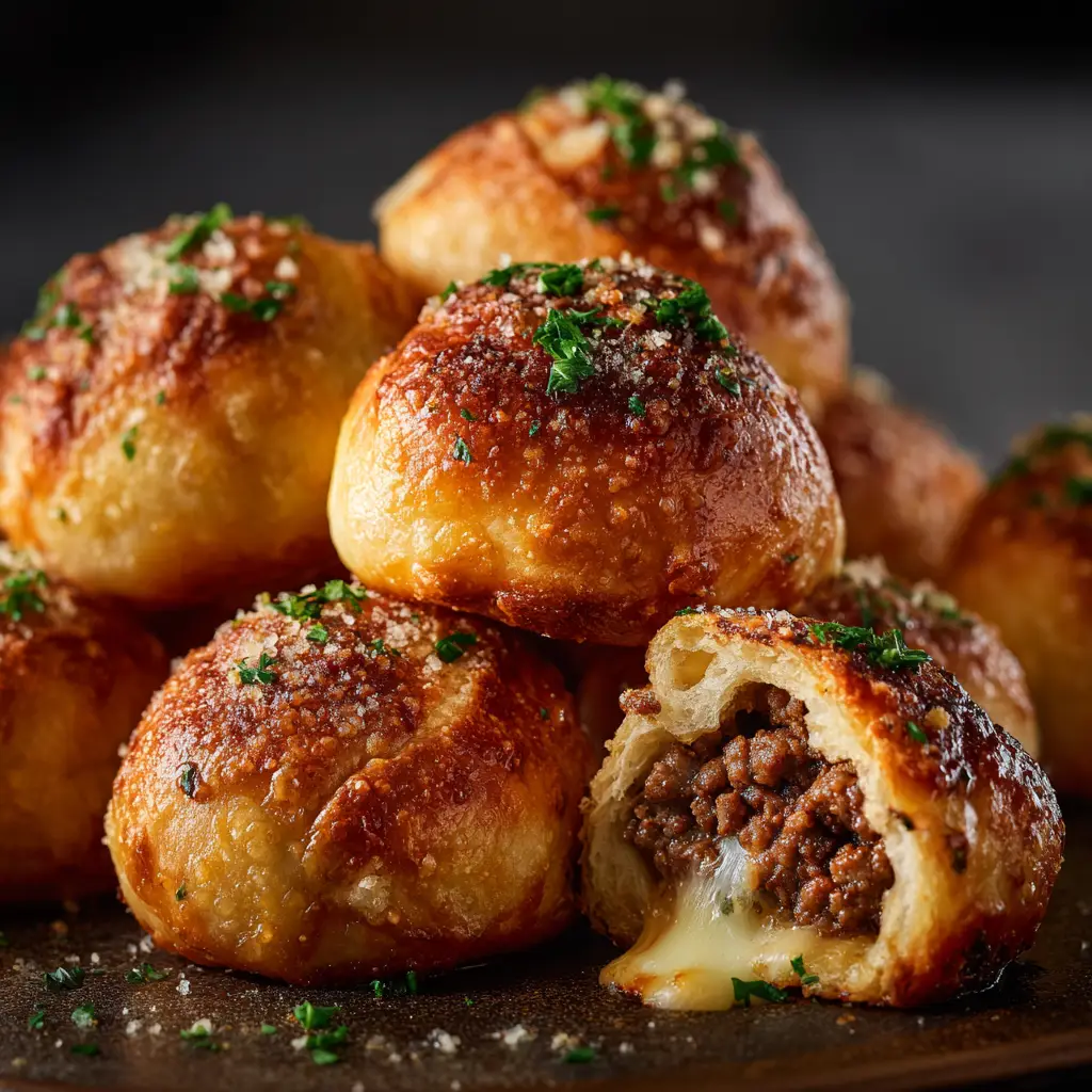A collection of Garlic Parmesan Cheeseburger Bombs arranged on a baking sheet, ready to be served.