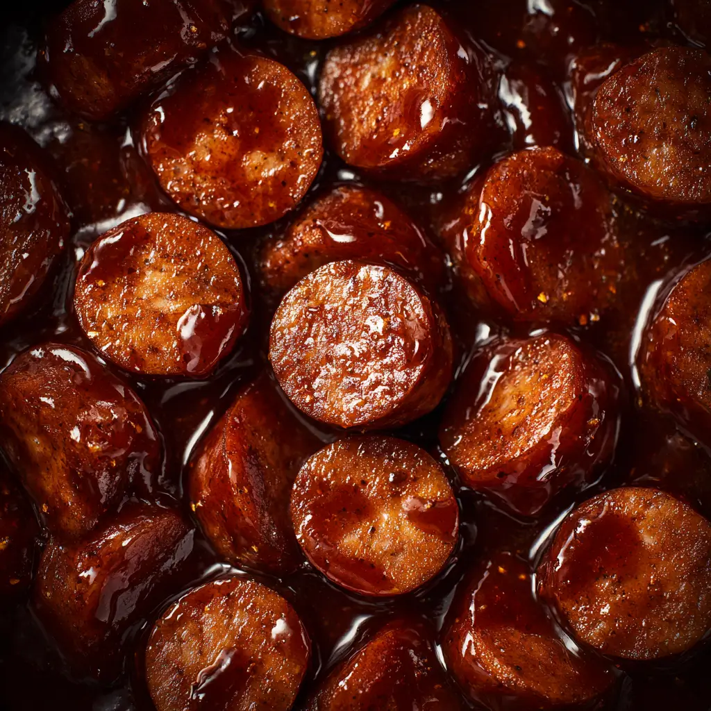 A close-up overhead shot of BBQ sausage bites glistening with a thick, caramelized sauce in a rustic skillet.